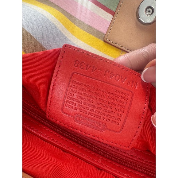 Coach Striped Canvas Leather Trim Shoulder Bag Flower Charm - Picture 8 of 10